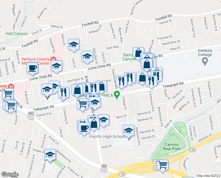 map of restaurants, bars, coffee shops, grocery stores, and more near 3728 Sheldon Drive in Ventura