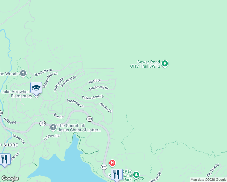map of restaurants, bars, coffee shops, grocery stores, and more near 29083 Mammoth Drive in Lake Arrowhead