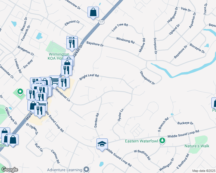 map of restaurants, bars, coffee shops, grocery stores, and more near 7316 Featherstone Court in Wilmington