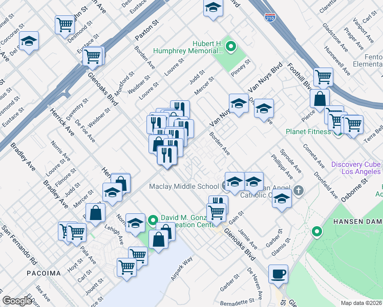 map of restaurants, bars, coffee shops, grocery stores, and more near 11150 Glenoaks Boulevard in Los Angeles