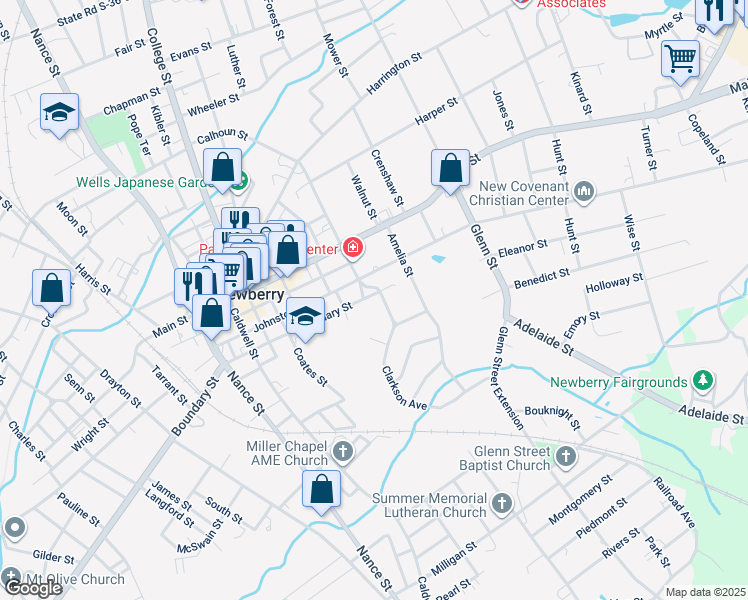map of restaurants, bars, coffee shops, grocery stores, and more near 1700 Boundary Street in Newberry