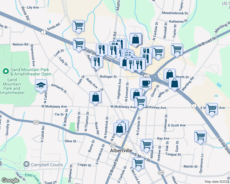 map of restaurants, bars, coffee shops, grocery stores, and more near 418 Highland Avenue in Albertville