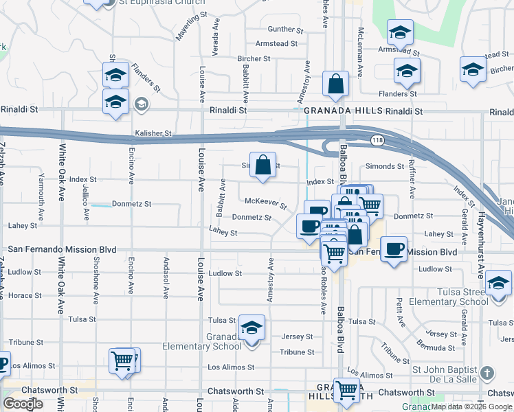 map of restaurants, bars, coffee shops, grocery stores, and more near 17179 Mc Keever Street in Los Angeles