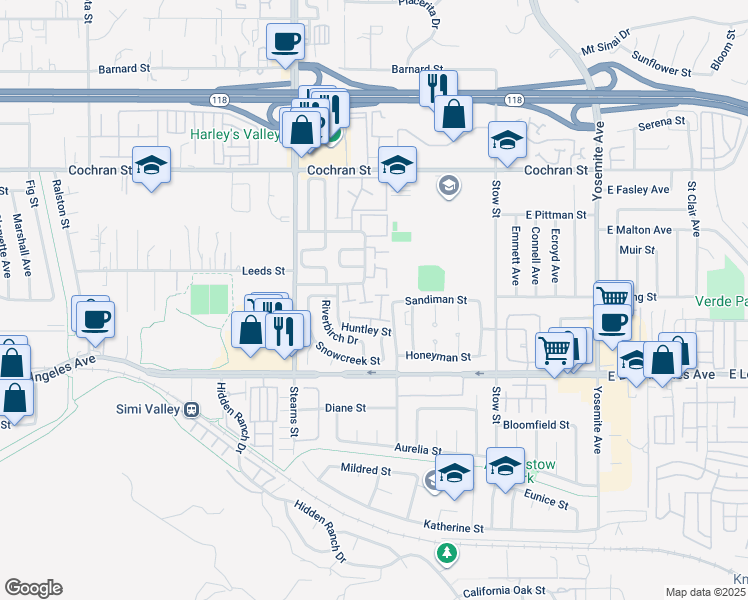 map of restaurants, bars, coffee shops, grocery stores, and more near Unnamed Road in Simi Valley
