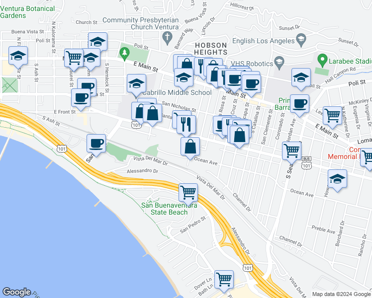 map of restaurants, bars, coffee shops, grocery stores, and more near 1700 East Thompson Boulevard in Ventura