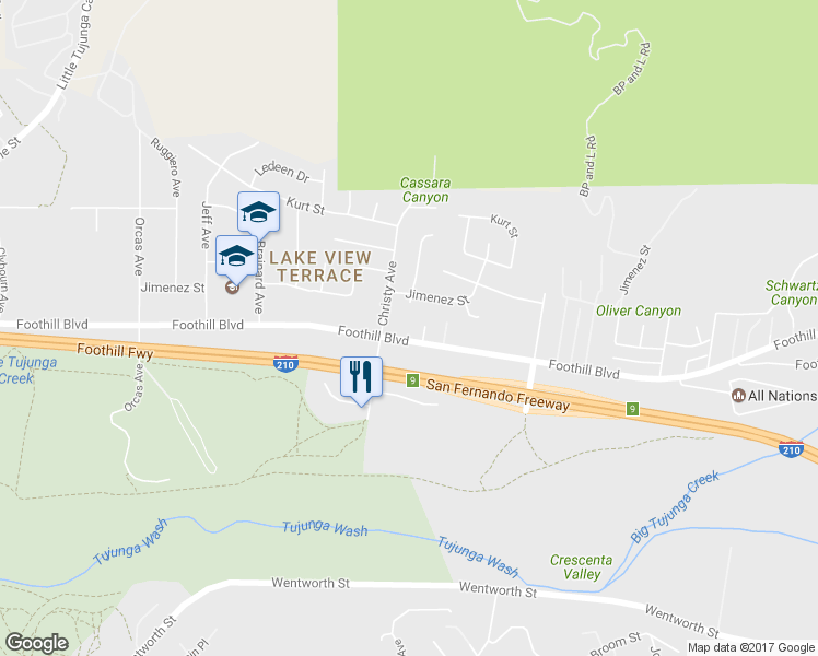 map of restaurants, bars, coffee shops, grocery stores, and more near 10453 Foothill Boulevard in Los Angeles