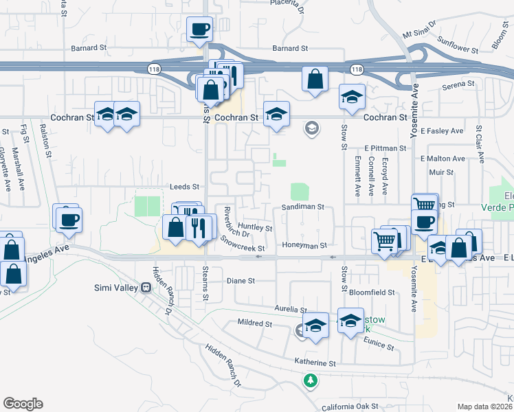 map of restaurants, bars, coffee shops, grocery stores, and more near 5384 Rainwood Street in Simi Valley