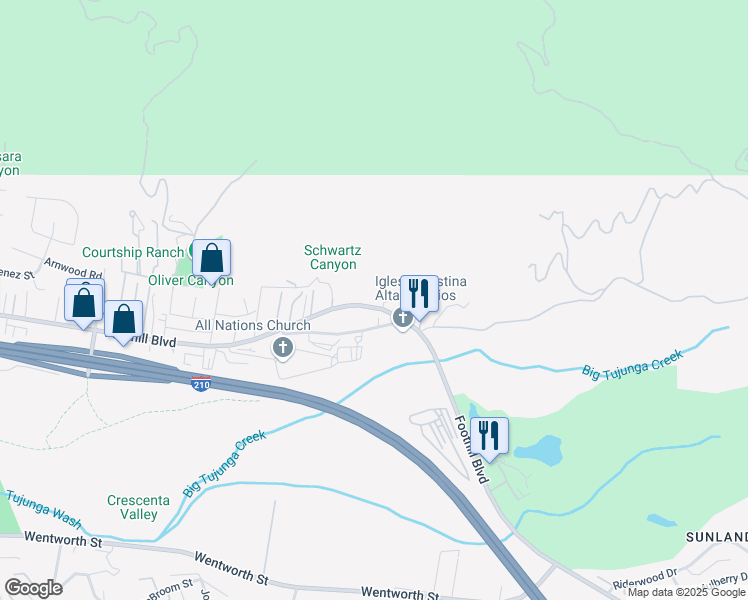 map of restaurants, bars, coffee shops, grocery stores, and more near 9741 Foothill Boulevard in Los Angeles