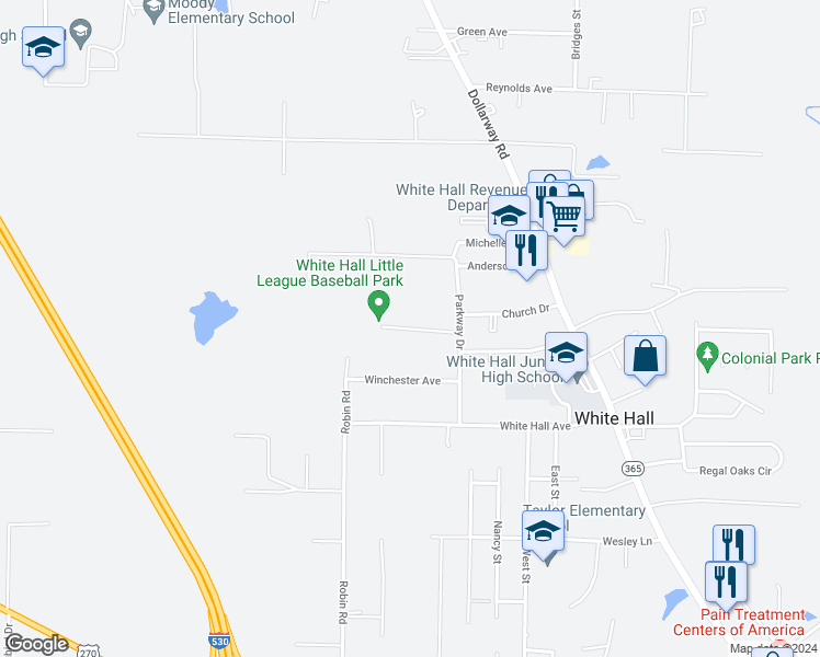 map of restaurants, bars, coffee shops, grocery stores, and more near 700 Park Terrace Drive in White Hall