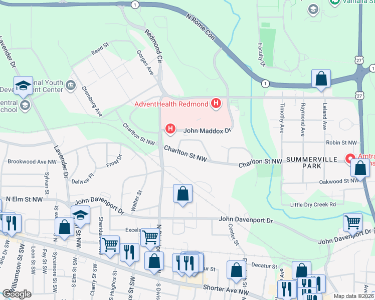 map of restaurants, bars, coffee shops, grocery stores, and more near 619 Briarwood Circle Northwest in Rome