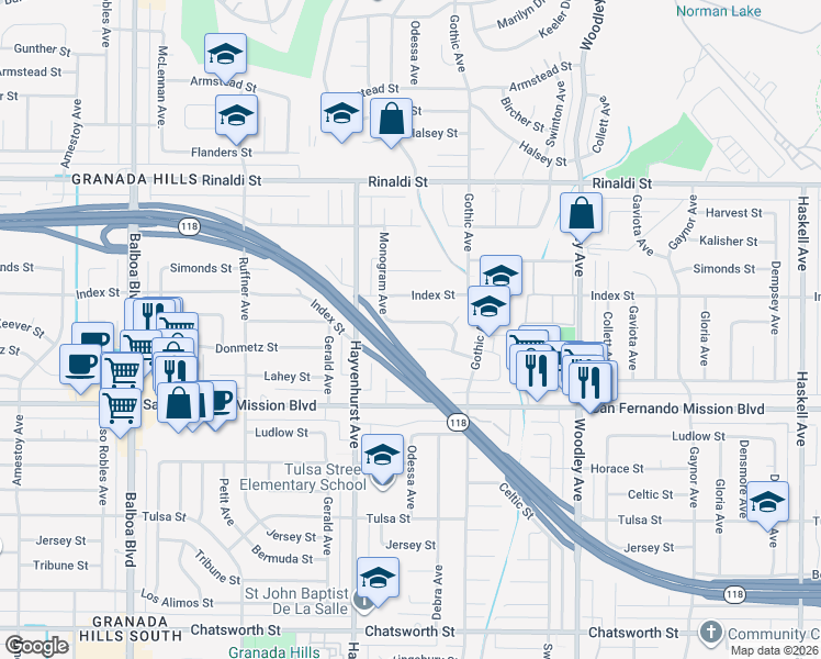 map of restaurants, bars, coffee shops, grocery stores, and more near 16500 McKeever Street in Los Angeles