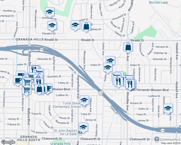 map of restaurants, bars, coffee shops, grocery stores, and more near 16500 McKeever Street in Los Angeles