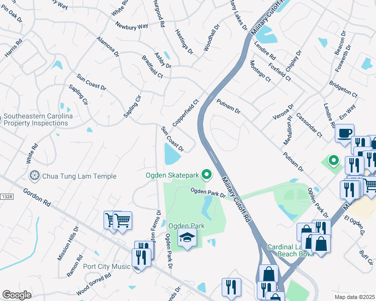 map of restaurants, bars, coffee shops, grocery stores, and more near 5543 Sun Coast Drive in Wilmington