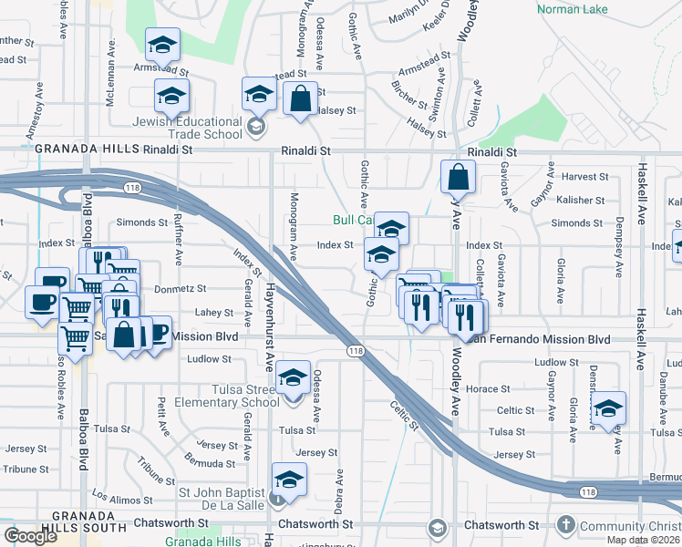 map of restaurants, bars, coffee shops, grocery stores, and more near 16442 McKeever Street in Los Angeles