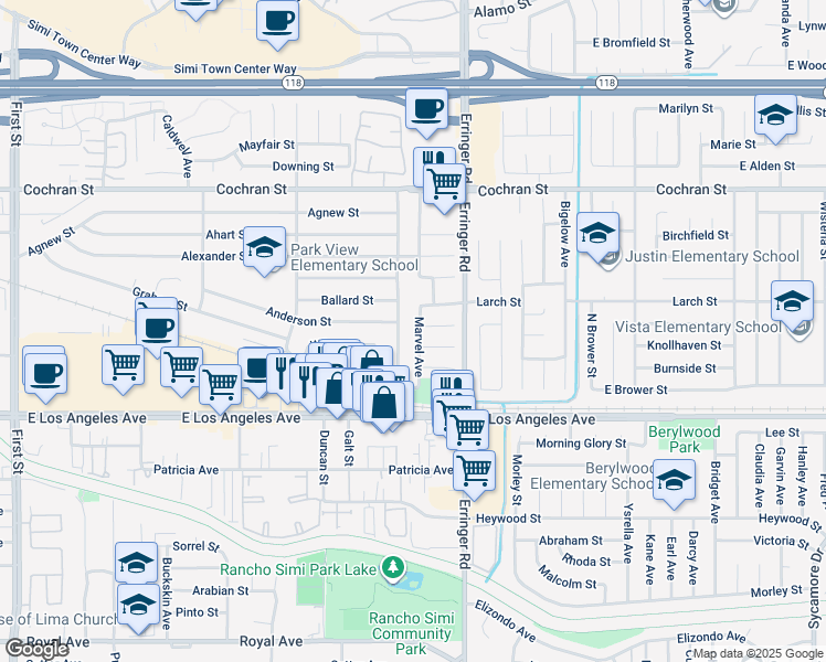 map of restaurants, bars, coffee shops, grocery stores, and more near 2169 Marvel Avenue in Simi Valley