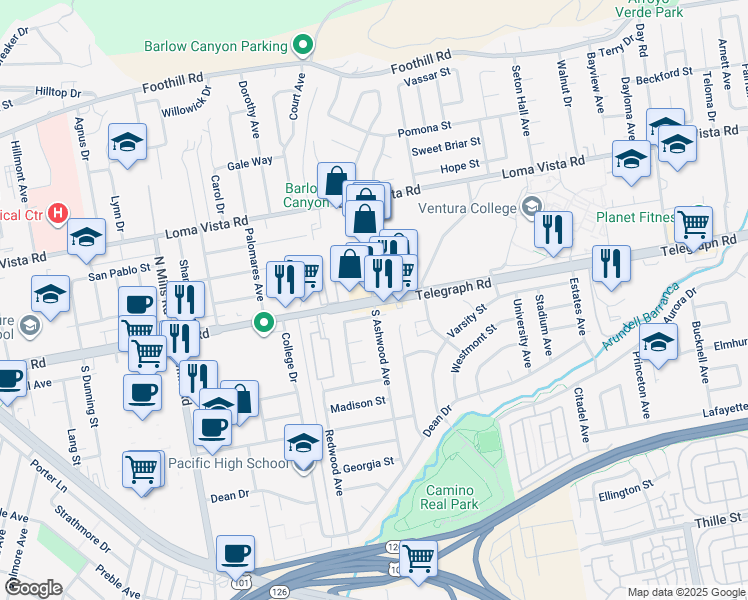 map of restaurants, bars, coffee shops, grocery stores, and more near Telegraph Road & North Ashwood Avenue in Ventura
