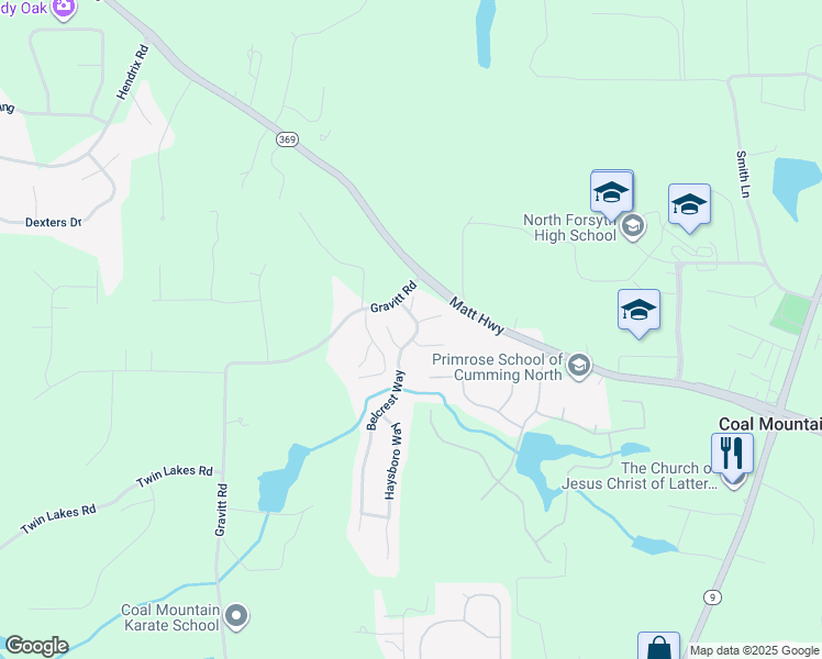 map of restaurants, bars, coffee shops, grocery stores, and more near 4420 Belcrest Way in Cumming