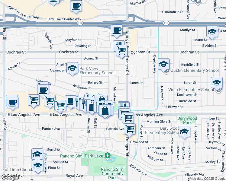 map of restaurants, bars, coffee shops, grocery stores, and more near 2169 Marvel Avenue in Simi Valley