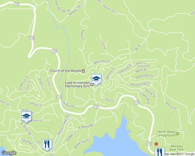 map of restaurants, bars, coffee shops, grocery stores, and more near 1364 Toronto Drive in Lake Arrowhead