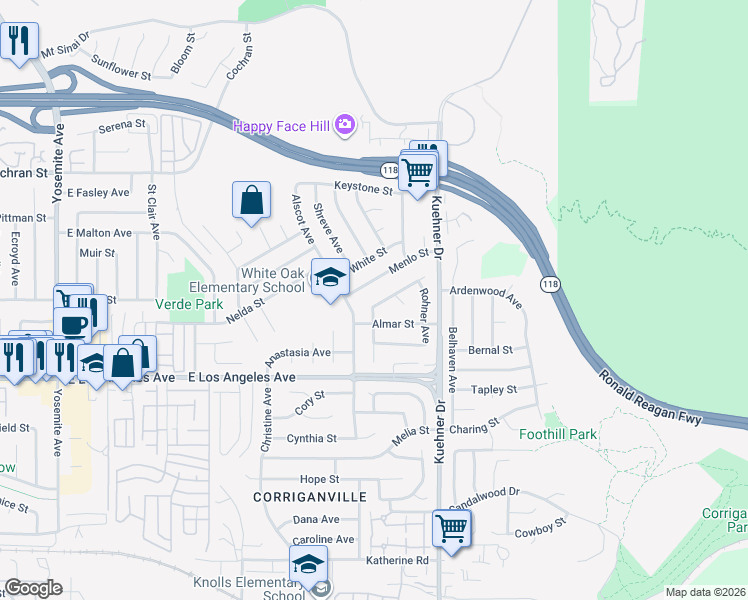 map of restaurants, bars, coffee shops, grocery stores, and more near 6394 Menlo Street in Simi Valley