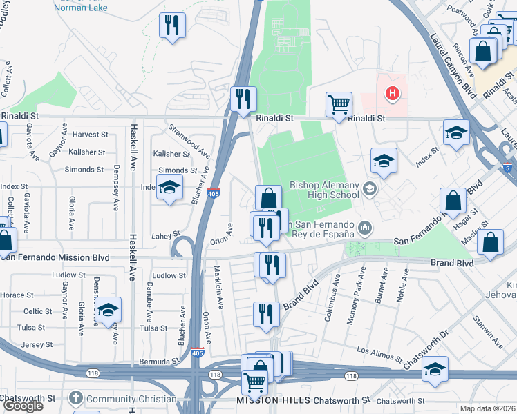 map of restaurants, bars, coffee shops, grocery stores, and more near 15425 Encanto Way in Los Angeles