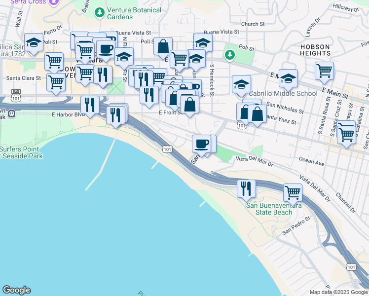 map of restaurants, bars, coffee shops, grocery stores, and more near 997 Vista del Mar Place in Ventura
