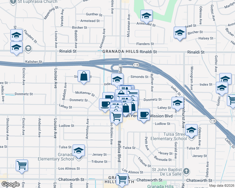 map of restaurants, bars, coffee shops, grocery stores, and more near 11221 Balboa Boulevard in Los Angeles