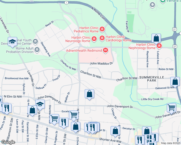 map of restaurants, bars, coffee shops, grocery stores, and more near 726 Charlton Street Northwest in Rome