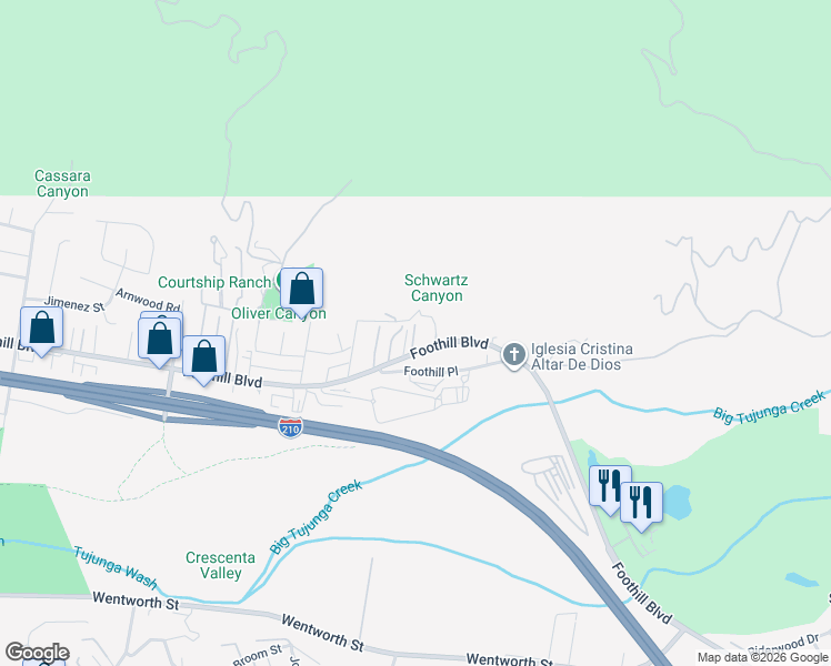 map of restaurants, bars, coffee shops, grocery stores, and more near 9971 Foothill Boulevard in Los Angeles