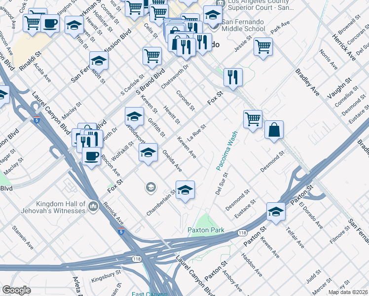 map of restaurants, bars, coffee shops, grocery stores, and more near 14047 La Rue Street in San Fernando