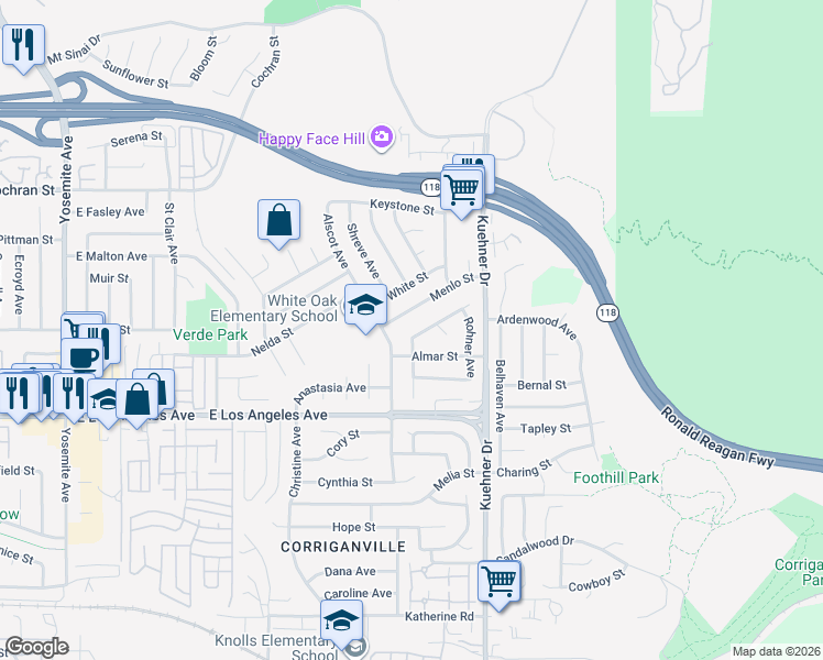 map of restaurants, bars, coffee shops, grocery stores, and more near 6394 Menlo Street in Simi Valley