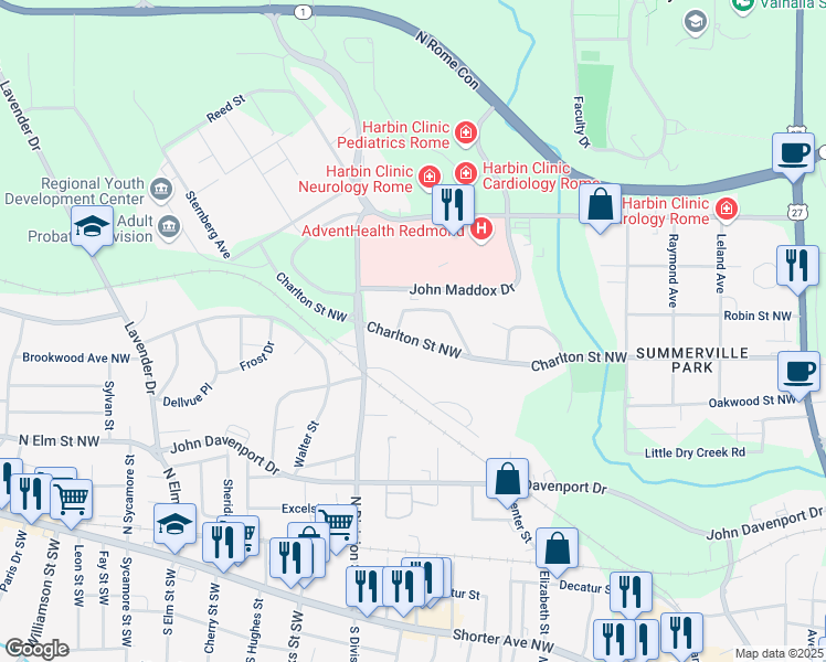 map of restaurants, bars, coffee shops, grocery stores, and more near 726 Charlton Street Northwest in Rome