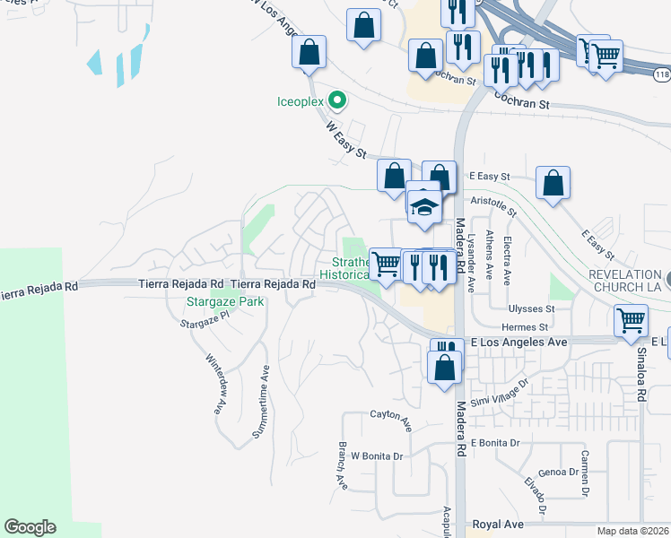 map of restaurants, bars, coffee shops, grocery stores, and more near 184 Village Parkway in Simi Valley