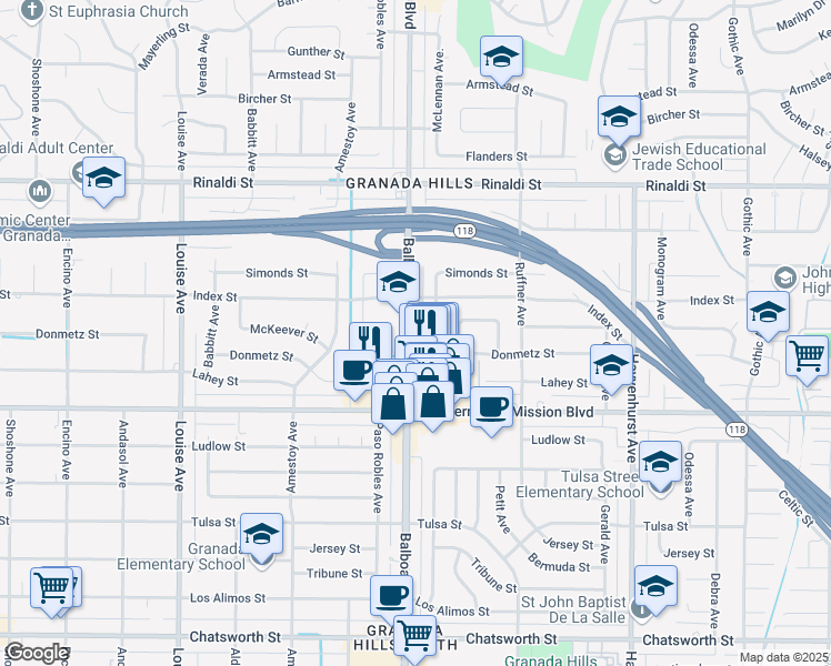 map of restaurants, bars, coffee shops, grocery stores, and more near 11220 Balboa Boulevard in Los Angeles