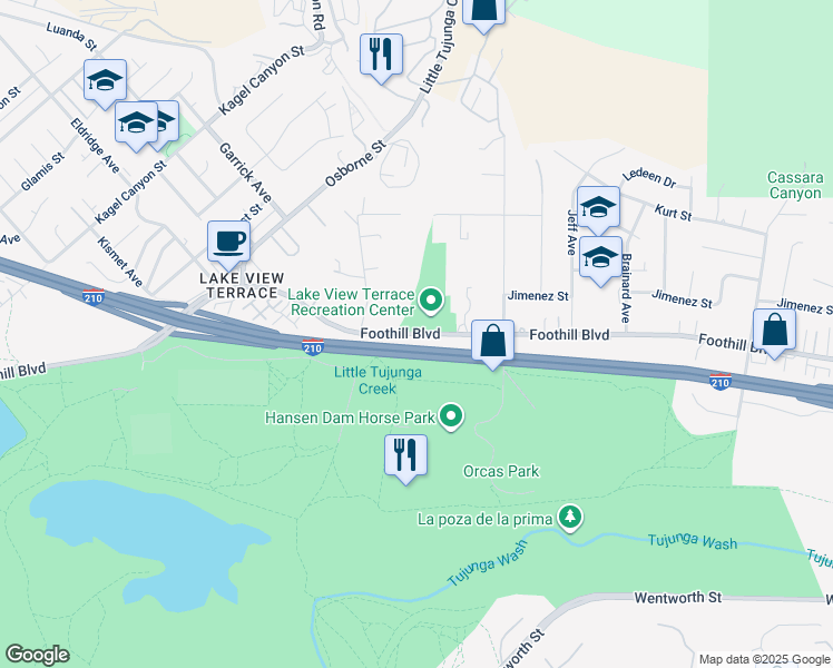 map of restaurants, bars, coffee shops, grocery stores, and more near 13710 Foothill Boulevard in Los Angeles