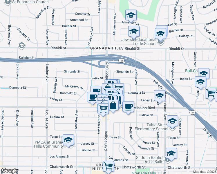 map of restaurants, bars, coffee shops, grocery stores, and more near 11220 Balboa Boulevard in Los Angeles