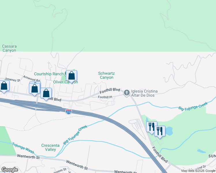 map of restaurants, bars, coffee shops, grocery stores, and more near 9823 Foothill Boulevard in Los Angeles