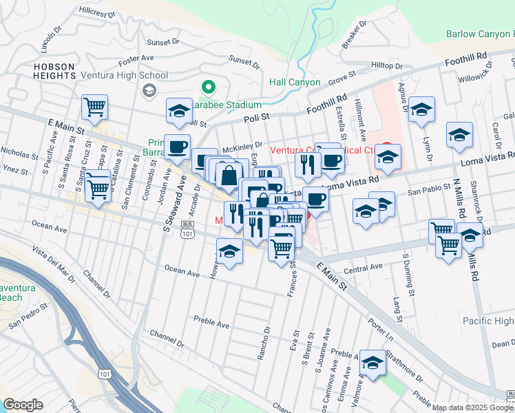 map of restaurants, bars, coffee shops, grocery stores, and more near 2633 Loma Vista Road in Ventura