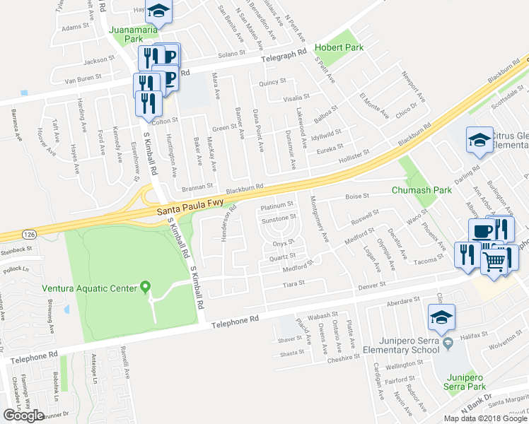 map of restaurants, bars, coffee shops, grocery stores, and more near 8152 Platinum Street in Ventura