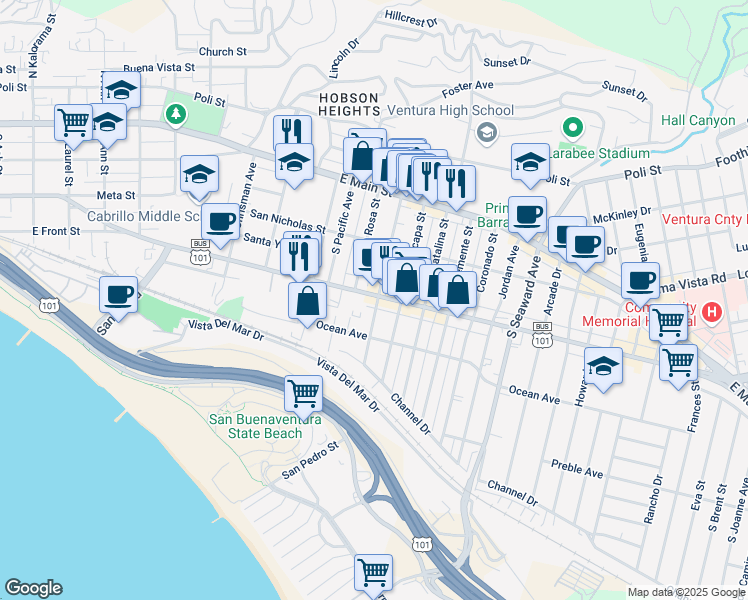 map of restaurants, bars, coffee shops, grocery stores, and more near 1907 East Thompson Boulevard in Ventura