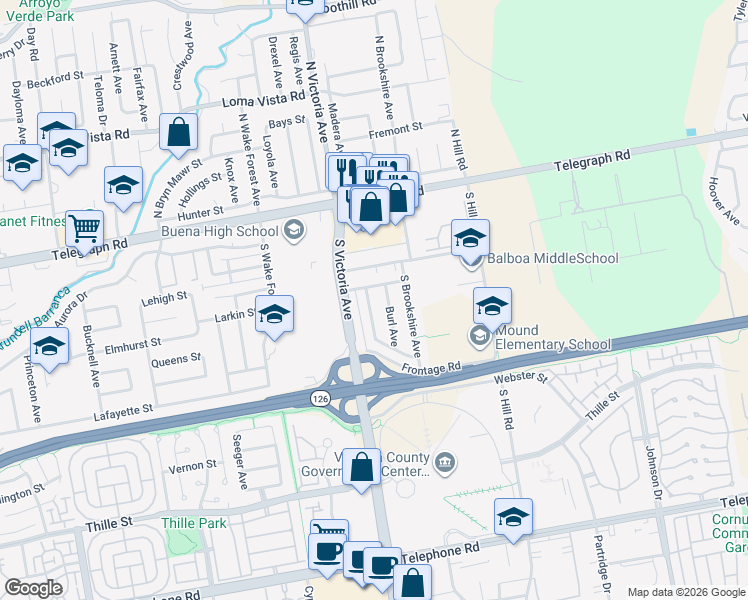 map of restaurants, bars, coffee shops, grocery stores, and more near 262 Burl Avenue in Ventura