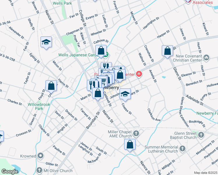 map of restaurants, bars, coffee shops, grocery stores, and more near in Newberry