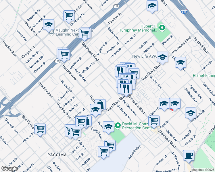 map of restaurants, bars, coffee shops, grocery stores, and more near 11258 De Haven Avenue in Los Angeles