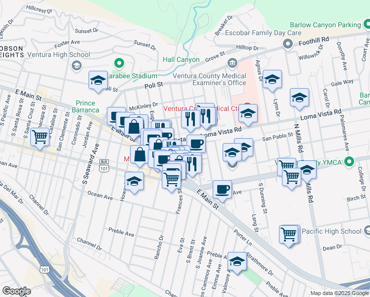 map of restaurants, bars, coffee shops, grocery stores, and more near 147 North Brent Street in Ventura