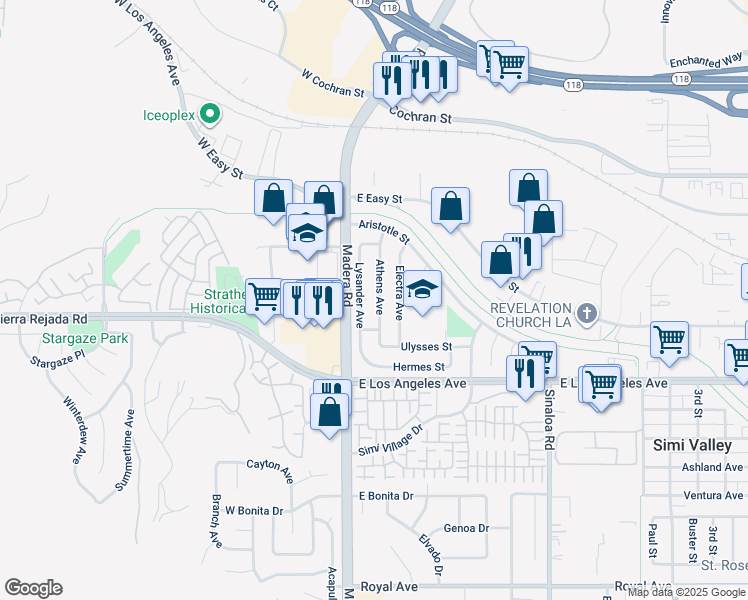 map of restaurants, bars, coffee shops, grocery stores, and more near 2165 Athens Avenue in Simi Valley