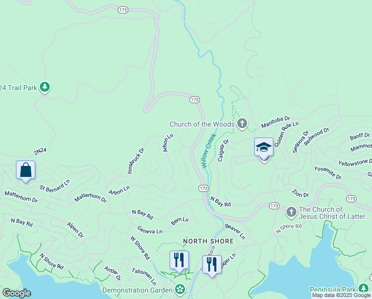 map of restaurants, bars, coffee shops, grocery stores, and more near 1359 Portillo Lane in Lake Arrowhead