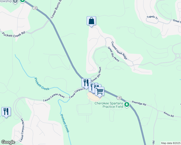 map of restaurants, bars, coffee shops, grocery stores, and more near 240 Crescent Moon Way in Canton