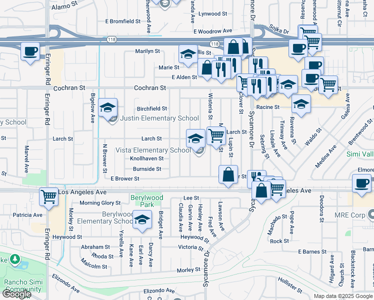 map of restaurants, bars, coffee shops, grocery stores, and more near 2149 Madrone Street in Simi Valley