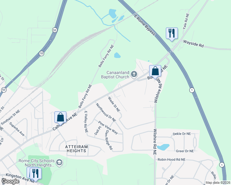 map of restaurants, bars, coffee shops, grocery stores, and more near 1556 Calhoun Road Northeast in Rome