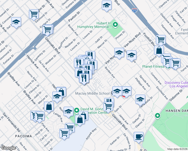 map of restaurants, bars, coffee shops, grocery stores, and more near 20 Van Nuys Boulevard in Los Angeles